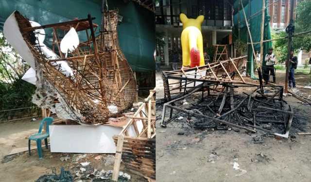 ফ্যাসিস্টের প্রতিকৃতিতে অগ্নিসংযোগকারীর মুখে কালো মাস্ক ছিল