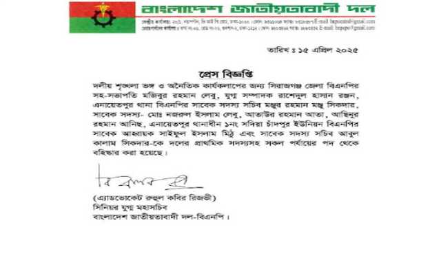 সিরাজগঞ্জ জেলা বিএনপির ২ শীর্ষ নেতাসহ ৫ জনকে বহিষ্কার