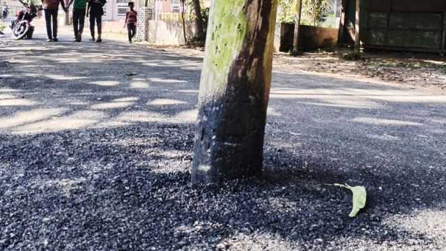 সড়কের মাঝে বৈদ্যুতিক খুঁটি রেখেই কাজ সমাপ্ত
